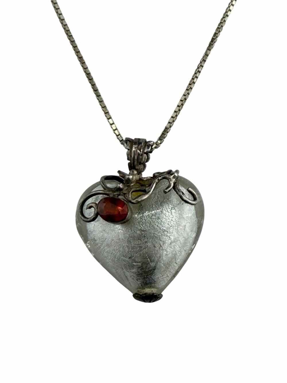 Artisan White Glass Heart & Gemstone Sterling Silver Necklace 17.75" Box Chain